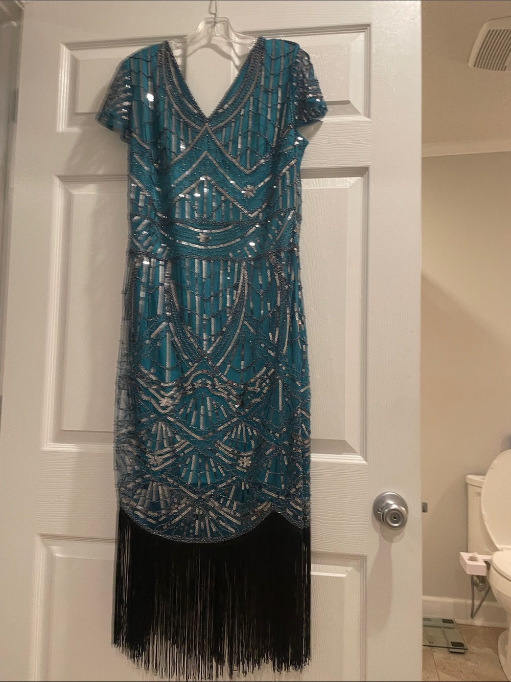 Teal Beaded Fringe Evening Dress with sequins - Women's